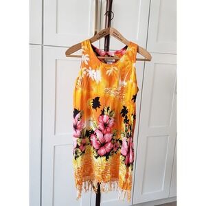 Beachwear Dress Womens M Orange Floral Hawaiian Fringe Sleeveless Mini